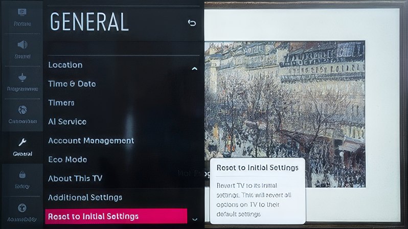 LG TV settings menu with the Reset to Initial Settings option 