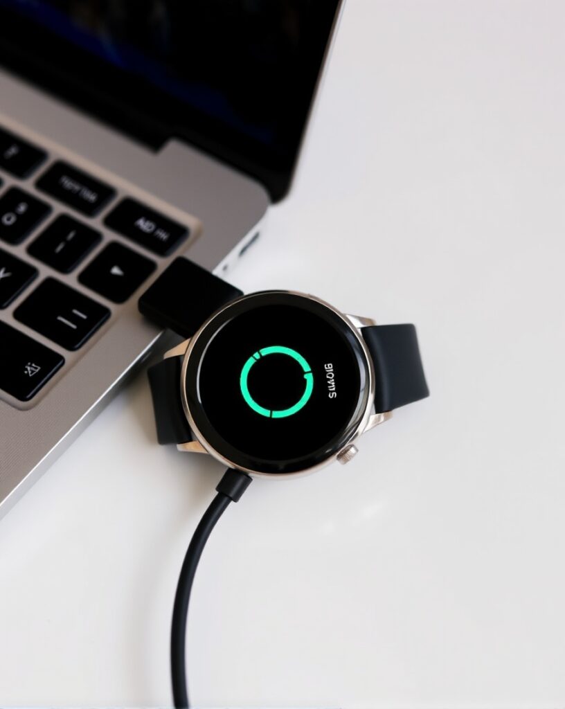 Smartwatch Plugged into a Laptop via USB.